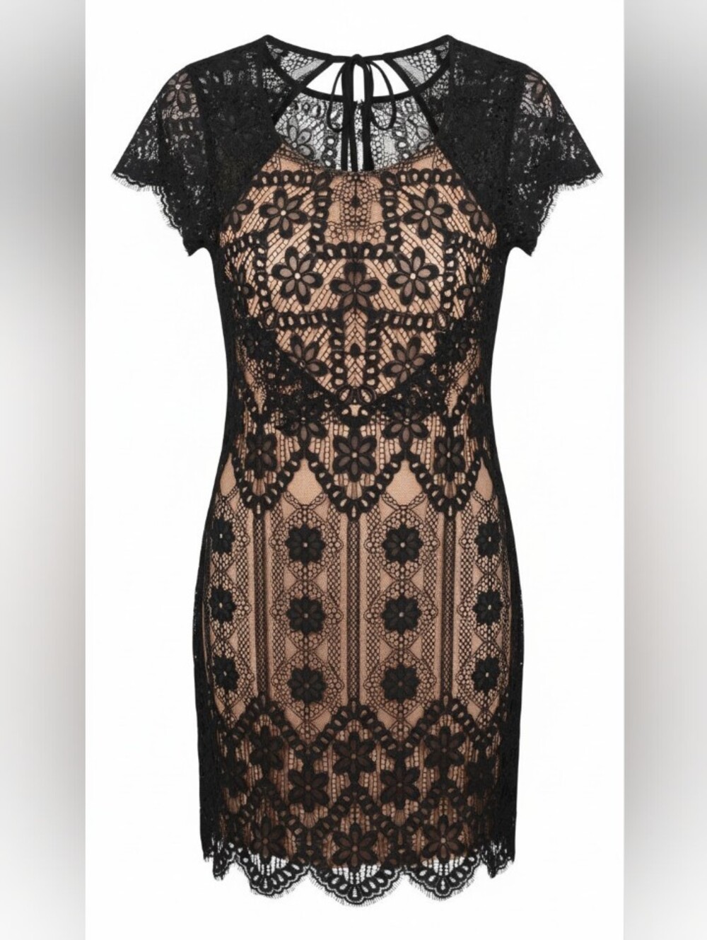 For Love & Lemons Black Floral Lace Midi Dress with Nude Lining Size M